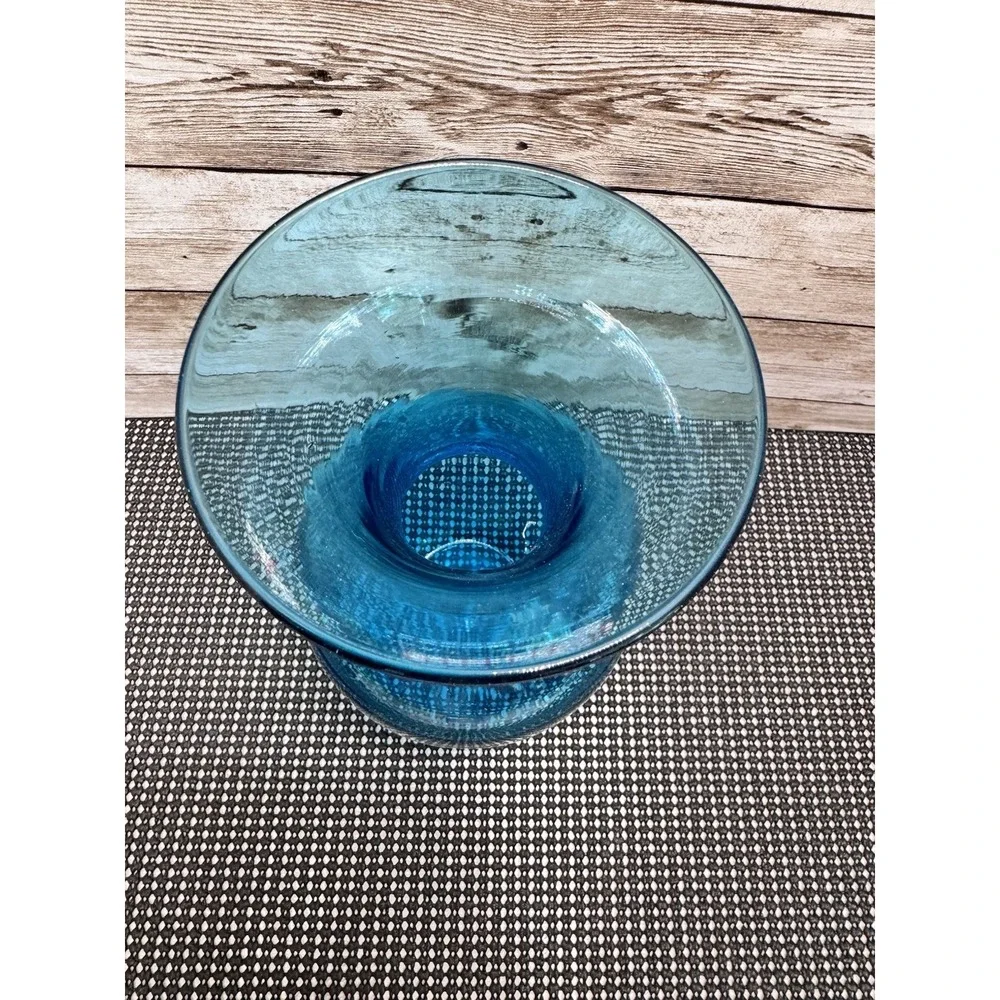 Vintage Blenko Style Blue Dimple Glass Vase Mid Century Hand Blown Pontil 8.25